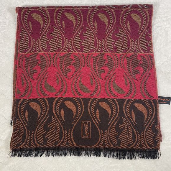 Vintage Yves Saint Laurent Wool Scarf YSL Logo Pink Brown Fringe Artsy Boho - Picture 1 of 9